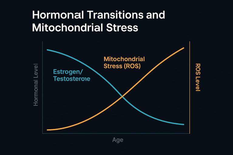 graph showing hormonal decline and rising mitochondrial stress with age, illustrating estrogen testosterone drop and oxidative stress increase