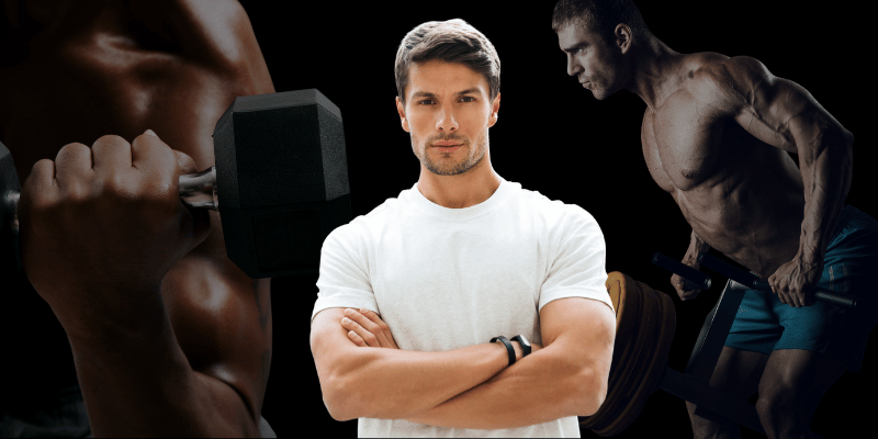 Man in his 40s with muscular physique demonstrating strength training, representing natural ways to improve testosterone levels.