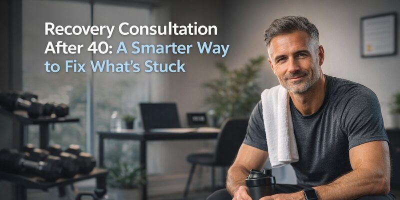Fitness professional seated in a private training space, representing a recovery consultation after 40 focused on performance, sleep, and long-term resilience