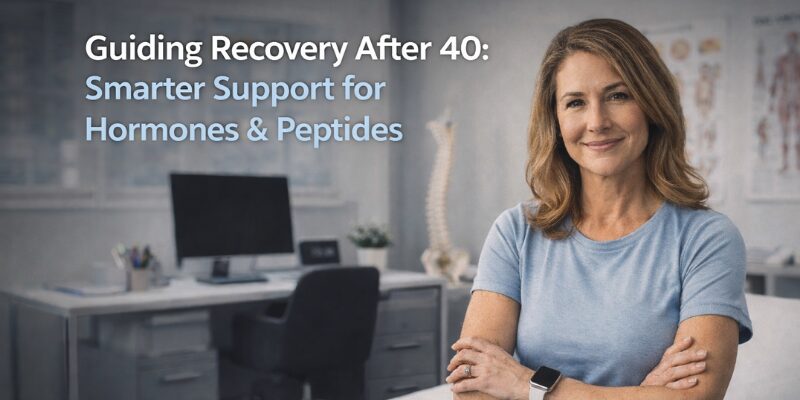Middle-aged woman in a professional health consultation environment, reflecting a recovery-first approach to hormones and metabolic support