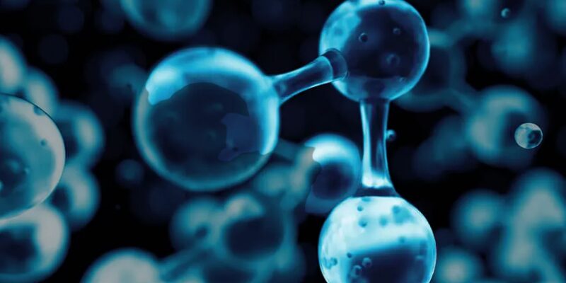 Close-up illustration of peptide molecules and biochemical signaling pathways, representing peptides for recovery after 40 at the cellular level