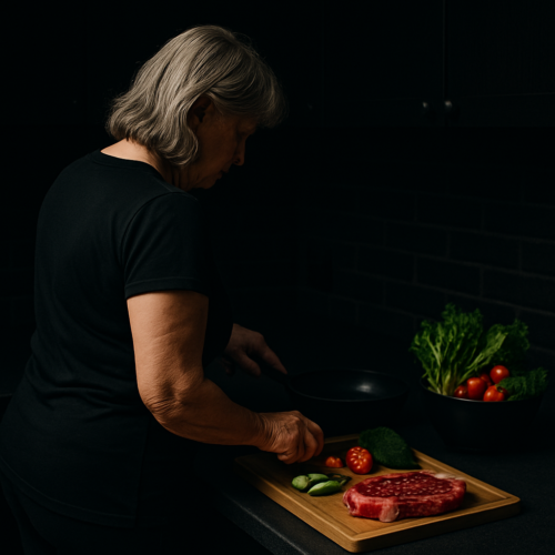 Older woman preparing a balanced meal with vegetables and meat for fitness nutrition plan