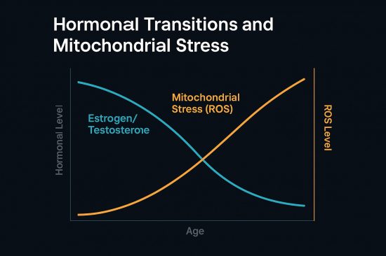 hormonal stress graph showing hormonal decline and rising mitochondrial stress with age, illustrating estrogen testosterone drop and oxidative stress increase